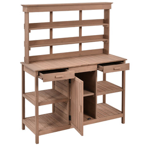 English Elm TOPMAX 66" Wooden Potting Bench with 36" Counter Height, 2 Drawers, Cabinet & Spacious Workstation Brown WF300211AAD