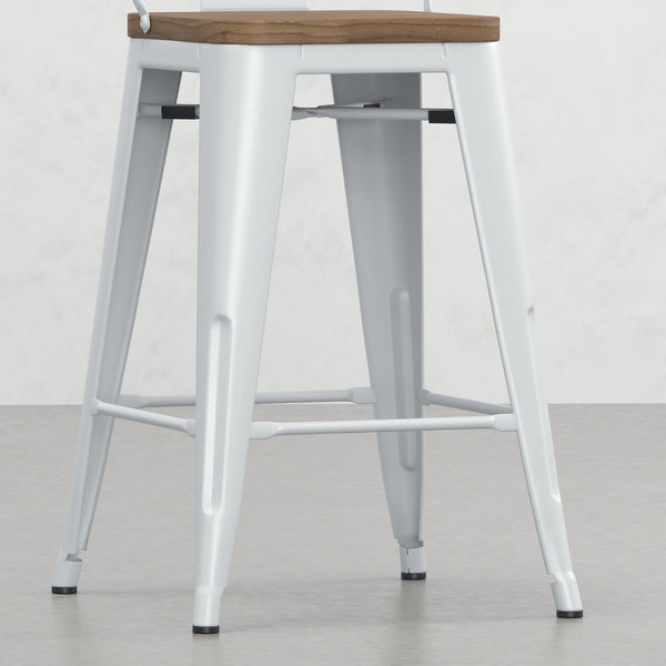 English Elm Keeley 24in Metal and Solid Elm Wood Counter Stools Set of 4 — Curved Backs, Footrests, Durable Finish White B2732P253613