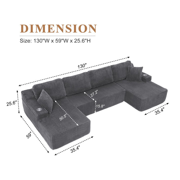 English Elm U-shaped Corduroy Cloud Sectional Sofa with Pocket Springs and Modular Living Room Seating Dark Gray W3366S00002