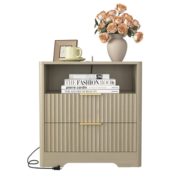 English Elm Nightstand Wood Cabinet with Built-in Usb Charging Ports and Voice Controlled Night Light W1321P399415