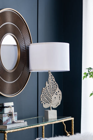 English Elm D15x29.3" Marble Base Table Lamp with Nickel Leaf Accent, White Drum Shade, Modern Accent Light W2078P399243