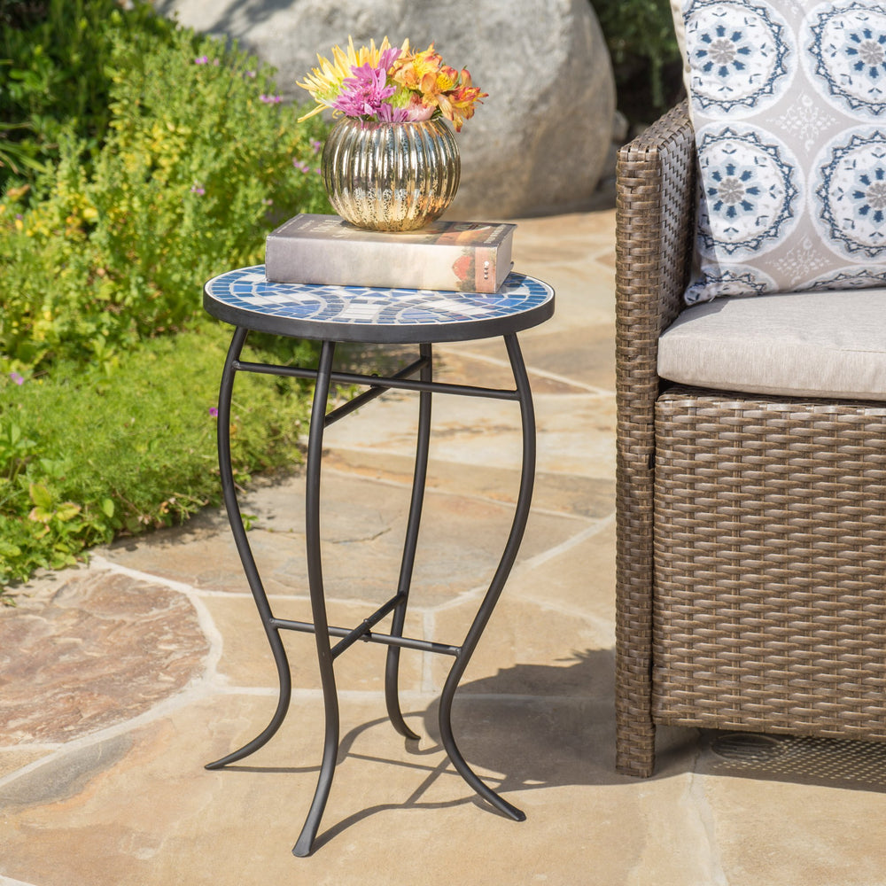 English Elm Christopher Knight Home® - Outdoor Round Side Table Ceramic Mosaic Top in Blue & White with Matte Black Curved Iron Legs, Stylish Patio Accent 61302.00
