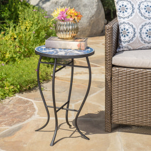 English Elm Christopher Knight Home® - Outdoor Round Side Table Ceramic Mosaic Top in Blue & White with Matte Black Curved Iron Legs, Stylish Patio Accent 61302.00