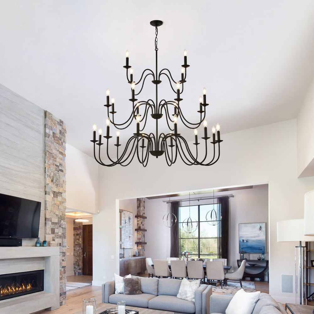 English Elm Farmhouse 24 Light Black Metal Chandelier for High Ceiling Dining and Living Rooms W5008P391535