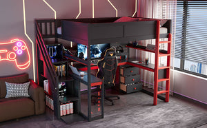 English Elm Full Size Gaming Loft Bed with Led Lighting Desk Shelves and Usb Charging Ports N820S00071J