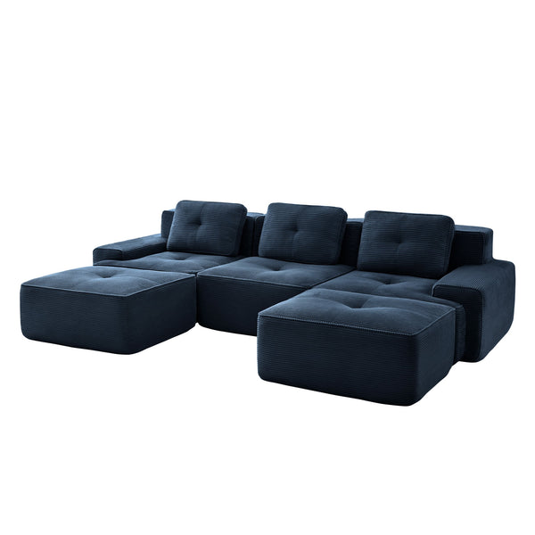English Elm 117" Modern U-Shaped Modular Sofa In Plush Corduroy With Movable Ottoman & Tufted Design, Blue W714S01496