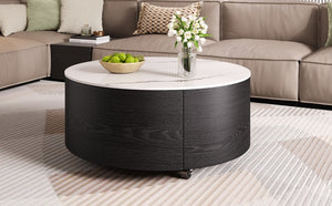 English Elm Modern Round Coffee Table with Sintered Stone Marble Top, Locking Casters, 2 Soft-Close Drawers, Space-Saving Design Black N735P328523B