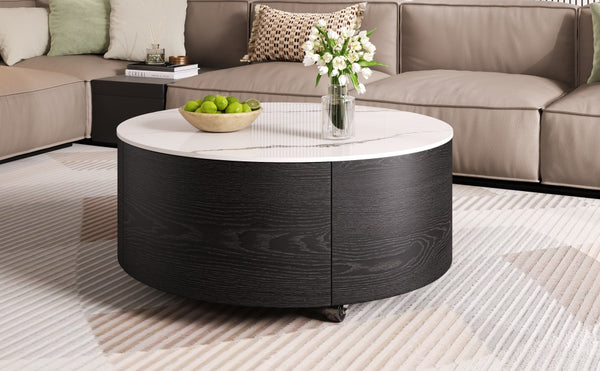 English Elm Modern Round Coffee Table with Sintered Stone Marble Top, Locking Casters, 2 Soft-Close Drawers, Space-Saving Design Black N735P328523B