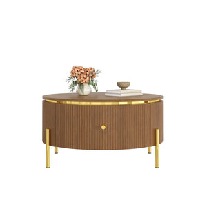 English Elm Modern Round Coffee Table with Gold Legs Two Drawers Brown Mdf Living Room N735P338995D