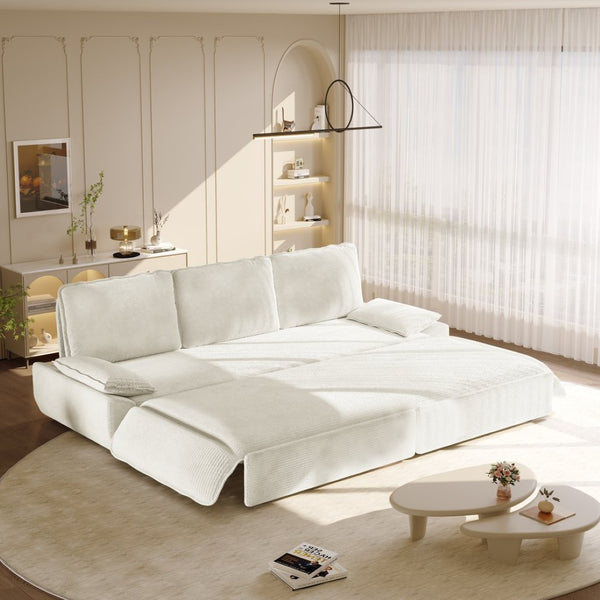 English Elm 94.5" King Convertible Sleeper Sofa Corduroy Upholstered Chaise Lounge Guest Room Bed White W1885S00403