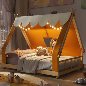 English Elm Twin Cabin Bed with Detachable Tent Skylight and Woodland Deer Antler Accents Brown N708P356717D