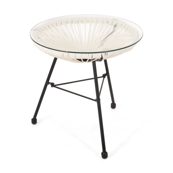 English Elm Christopher Knight Home® - NUSA Side Table with Tempered Glass Top and Handcrafted Rattan Base — Modern Outdoor Accent Table White 66627.00WHI