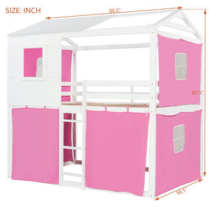 English Elm Full Size Kids Playhouse Bunk Bed Pinewood Frame with Tent Roof and Window Cutouts Pink LT000380AAH-1