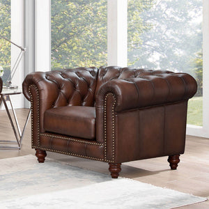 English Elm Alton Chesterfield Top Grain Leather Chair with Button-Tufted Back, Rolled Arms & Solid Wood Bun Feet B2705P211739