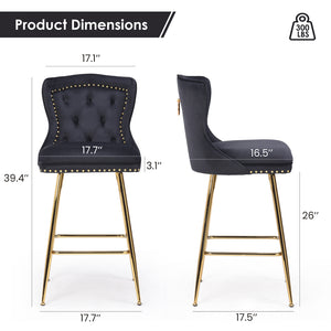English Elm Bar Stools Set Of 2, Luxurious Velvet Wing-Back Chairs With Metal Legs For Kitchen & Dining Spaces T3623P363065