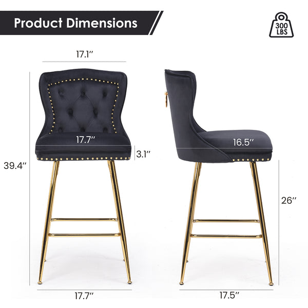English Elm Bar Stools Set Of 2, Luxurious Velvet Wing-Back Chairs With Metal Legs For Kitchen & Dining Spaces T3623P363065