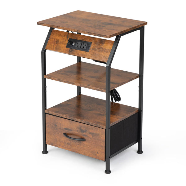 English Elm Rustic Nightstand with Drawer, Shelves, USB Charging & AC Outlets, LED Strip, Remote Control End Table W2181P191357
