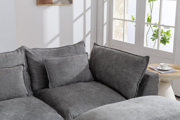 English Elm 129.8" Wide Modular Cloud Sectional Cotton Linen Sofa with Deep Foam Seats and Ottomans Antique Grey W2530S00015