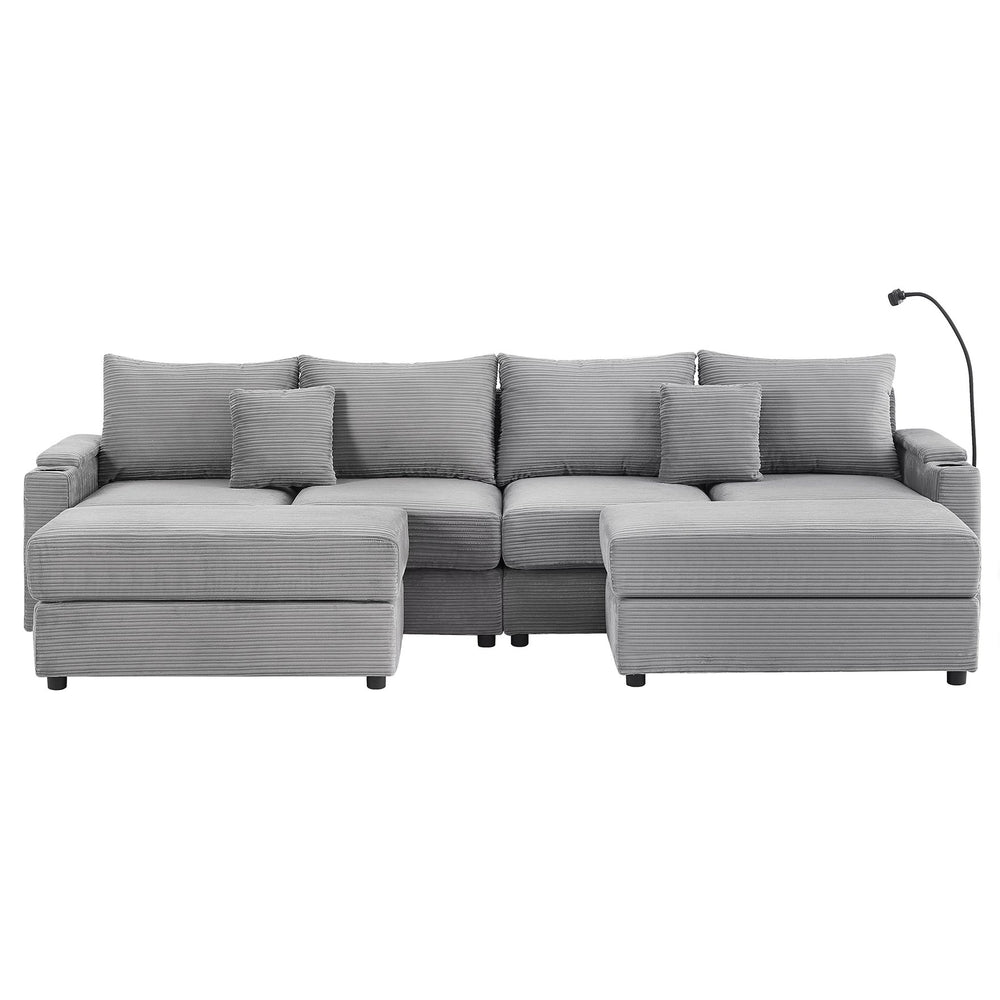 English Elm 123.2" Modular 4-seater Sectional Sofa with Hidden Storage, USB Ports, Cup Holders, Plush Corduroy Grey N719S001614E