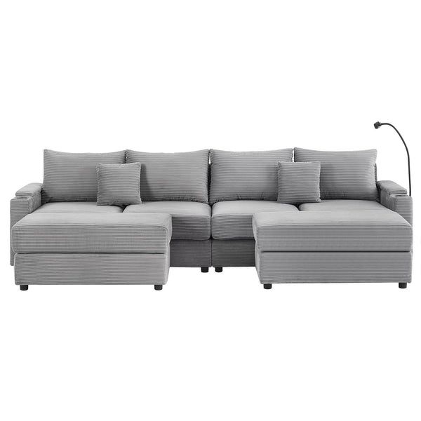 English Elm 123.2" Modular 4-seater Sectional Sofa with Hidden Storage, USB Ports, Cup Holders, Plush Corduroy Grey N719S001614E