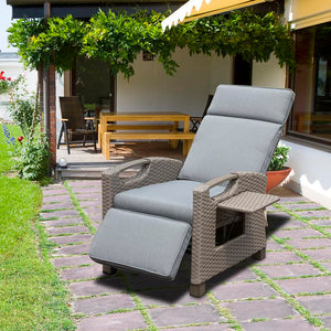 English Elm Outdoor Recliner Chair with Hand‑Woven Resin Wicker, Built‑In Flip Table, Thick Cushions, 150° Recline Gray W1859P196424