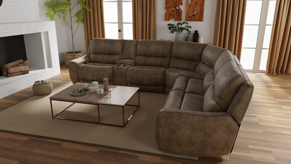 English Elm 6-Piece Performance Fabric Power Reclining Sectional with USB Charging, Hidden Console, Cup Holders Brown B339S00002