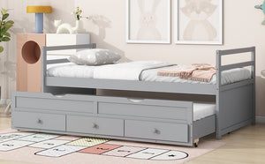 English Elm Twin Twin Size Bed with Trundle and Three Storage Drawers, Space-Saving Pine Frame with Classic Headboard Grey W504P197161