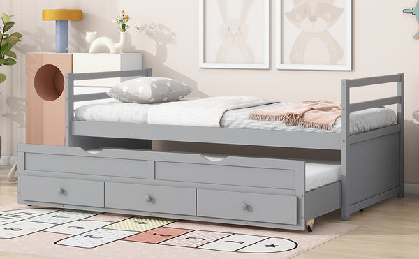 English Elm Twin Twin Size Bed with Trundle and Three Storage Drawers, Space-Saving Pine Frame with Classic Headboard Grey W504P197161