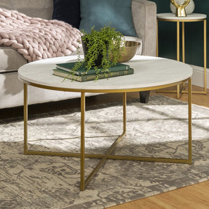 English Elm Walker Edison - Modern Glam Round Faux Marble Coffee Table with Gold X-Base, Sturdy Metal Frame, Chic Mid-Century Appeal B185P326703