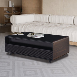 English Elm Modern Smart Coffee Table with Built-in Dual Fridge, Bluetooth Speakers, 15W Wireless Charge, RGB Lights Brown+Black W1172P320210