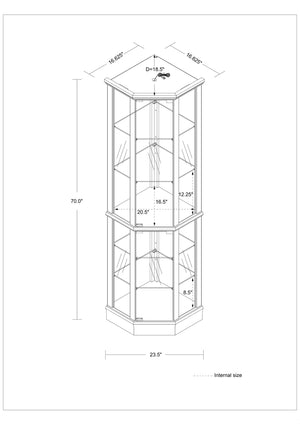 English Elm 6 Shelf Lighted Corner Curio Cabinet with Adjustable Tempered Glass Shelves, Acrylic Mirror Back, Solid Wood Frame Walnut W1693P170906
