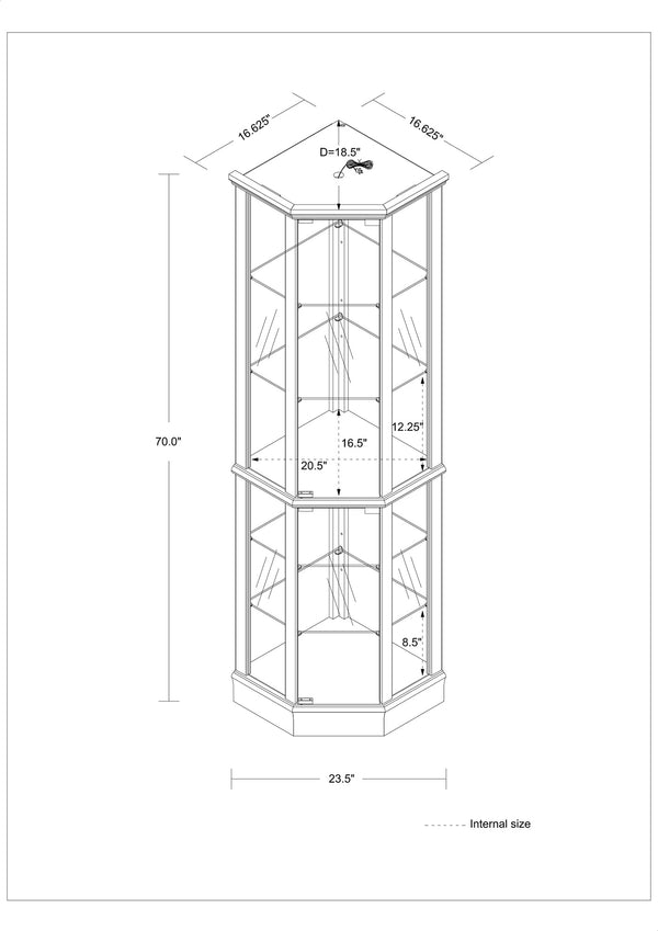 English Elm 6 Shelf Lighted Corner Curio Cabinet with Adjustable Tempered Glass Shelves, Acrylic Mirror Back, Solid Wood Frame Walnut W1693P170906