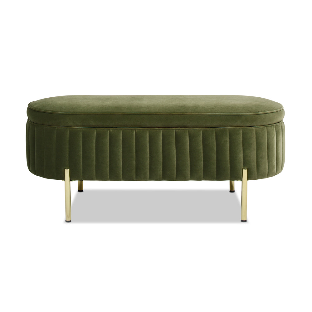 English Elm Jennifer Taylor Home - Chloe Olive Green Storage Bench in Performance Velvet with Flip-Top Compartment and Satin Gold Legs B2719P238527