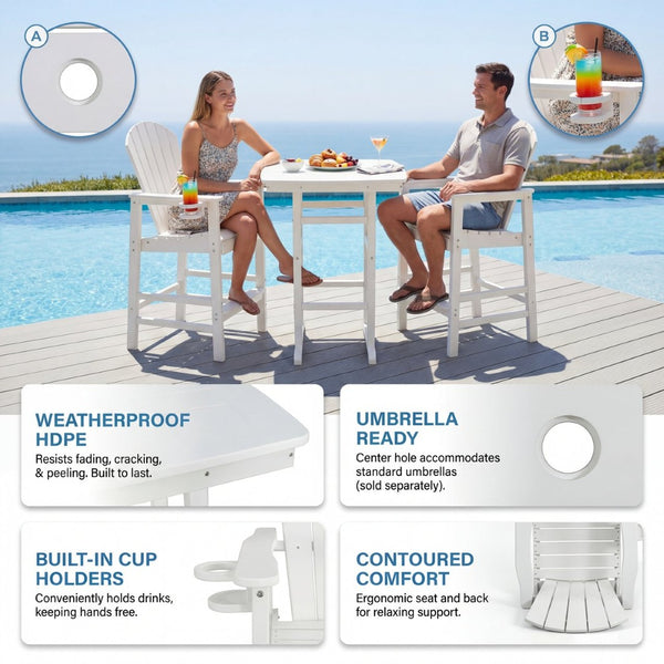 English Elm 3-piece Outdoor Bar Height Bistro Set Hdpe Poly Lumber Slatted Pub Table Two Chairs White W3566S00026