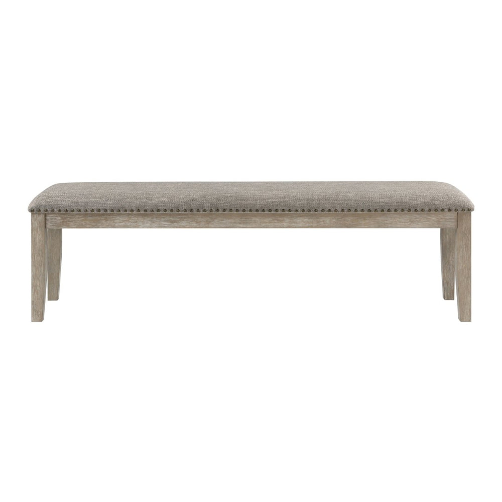 English Elm Traditional Linen Upholstered Dining Bench Oak Veneer Legs Nailhead Trim Neutral Gray B011P439069