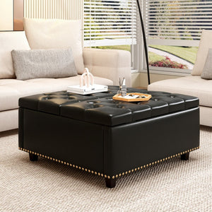 English Elm Large Tufted Pu Leather Ottoman with Bronze Rivets Mid-century Storage Footrest W2113P182630