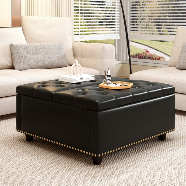 English Elm Large Tufted Pu Leather Ottoman with Bronze Rivets Mid-century Storage Footrest W2113P182630