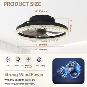 English Elm 16" Modern LED Ceiling Fan Light with Crystal Acrylic Ring, Hidden Blades, Remote & App Control, Dimmable Flush Mount Black W2312P368707