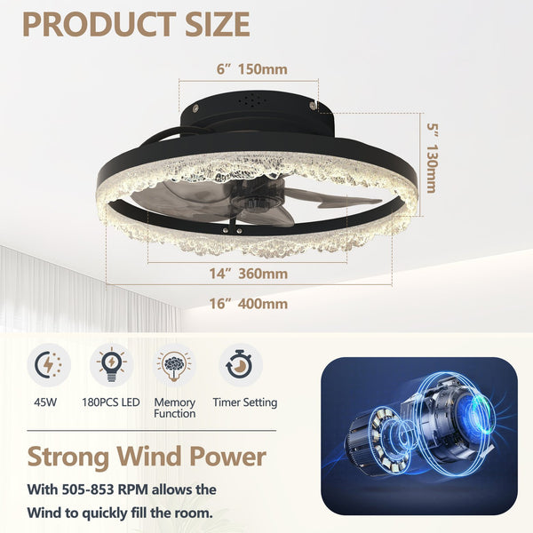 English Elm 16" Modern LED Ceiling Fan Light with Crystal Acrylic Ring, Hidden Blades, Remote & App Control, Dimmable Flush Mount Black W2312P368707