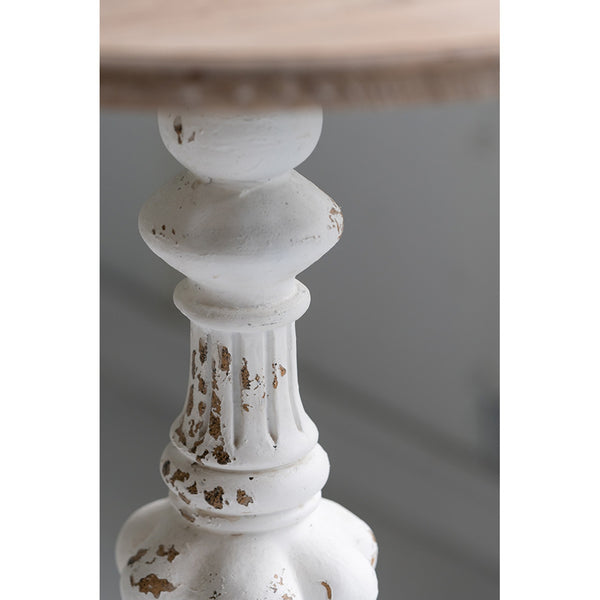 English Elm D26x31" Antique White Round Side Table with Carved Floral Pedestal, Fir Wood Vintage Elegance W2078P410106