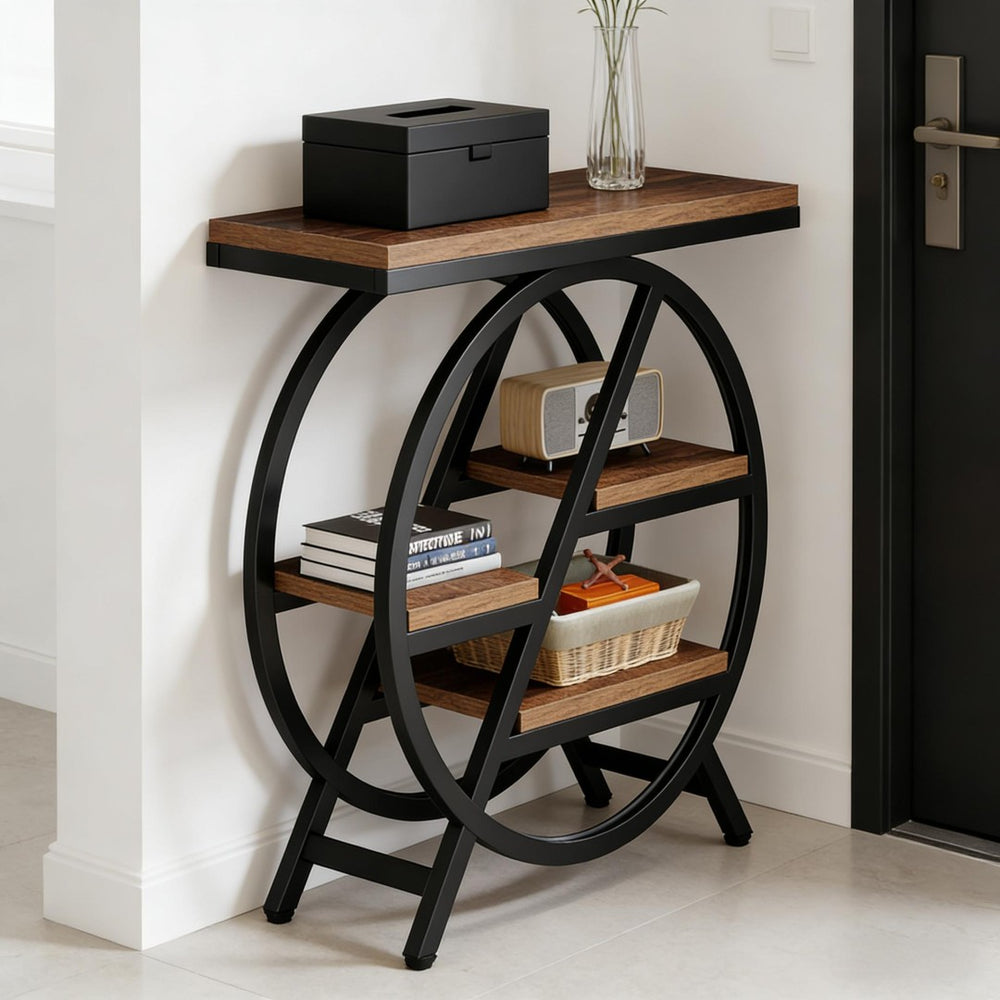 English Elm Bedside 4 Tier Open Shelf Table Matte Black Steel Frame Industrial Rustic Gray Top T3971P451127