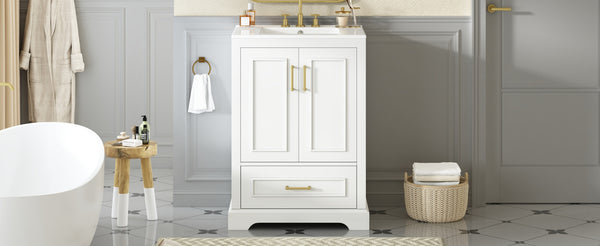 English Elm 24"Bathroom Modern Vanity with Ceramic Sink, Solid Wood Frame, Soft-Close Doors & Smart Storage System White N729P321378K