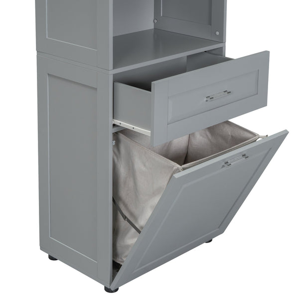 English Elm Tall Bathroom Cabinet with Tilt-Out Laundry Hamper, Adjustable Shelves, Anti-Tip Design & Large Storage Grey WF323481AAE