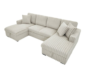 English Elm U U Shaped Sleeper Sofa with Pull-Out Bed and Hidden Chaise Storage, Plush Corduroy Comfort khaki W1417S00078