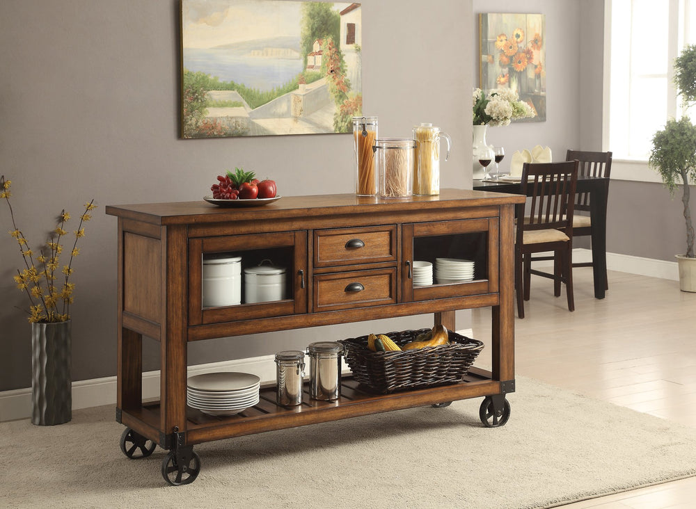 English Elm Kadri Distressed Chestnut Kitchen Cart with Glass Doors, 2 Drawers, Slatted Shelf & Locking Casters B2726P272327