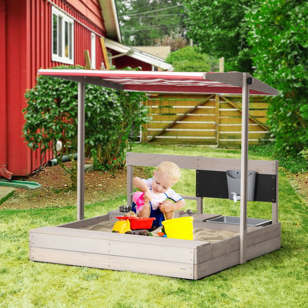 English Elm Outsunny Wooden Kids Sandbox with Tilting Canopy and Built-in Kitchen Playset W2225P200480