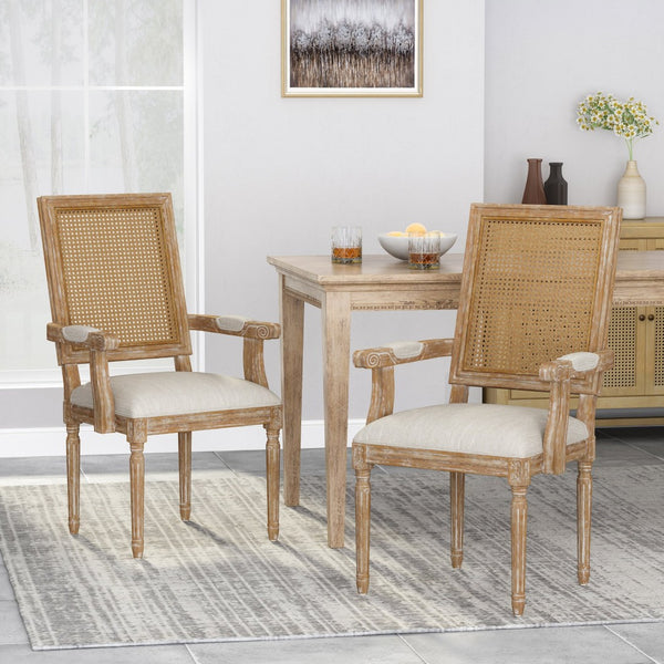 English Elm Dining Chairs Set of 2 Cane Back Rubberwood Armchair French Country Upholstered Seat N769P433301M