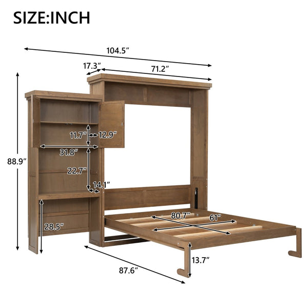English Elm Queen Size Murphy Bed With Louvered Design, Multi-Storage Solution For Compact Living Spaces N7090004018D-GIGA