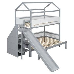 English Elm House-shaped Pine Bunk Bed with Built-in Slide Storage Staircase Twin Over Full Kids Frame Grey+White N820S00082E