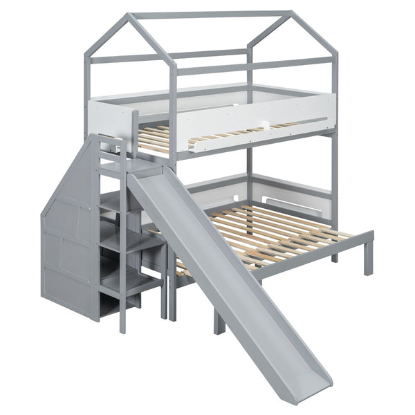 English Elm House-shaped Pine Bunk Bed with Built-in Slide Storage Staircase Twin Over Full Kids Frame Grey+White N820S00082E